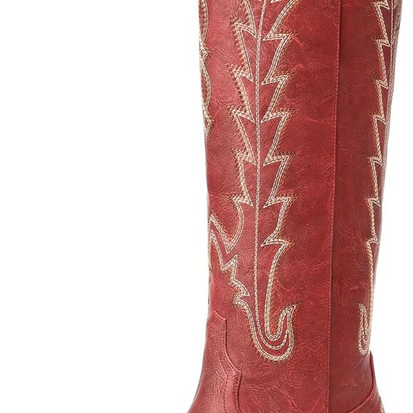 Brand New Cowboy Boots for Women - Red 7 Knee High Pointed Toe Chunky Heel Pull - Picture 1 of 5